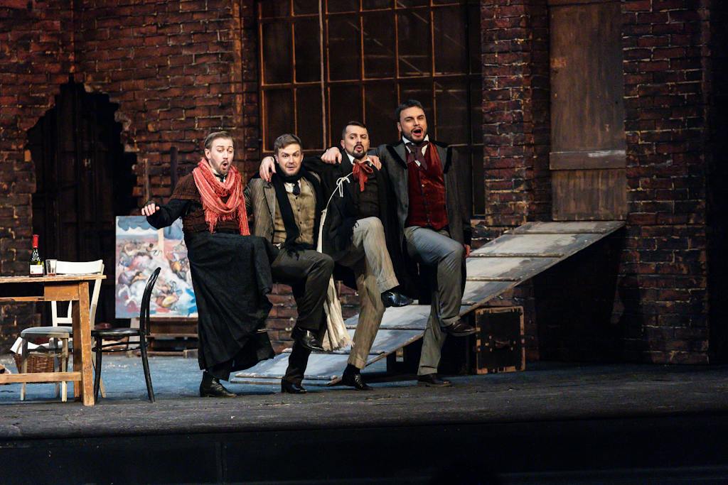 Opera I La bohéme: Jan Hnyk (Colline), Petr Nekoranec (Rodolfo), Jiří Brückler (Marcello), Lukáš Bařák (Schaunard) – photo: Zdeněk Sokol